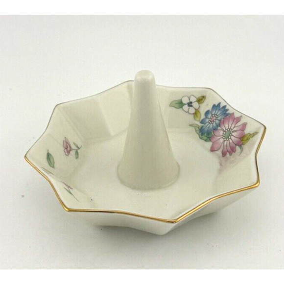 Fred Roberts Company Japan Porcelain octagon ring holder floral with gold rim - Picture 10 of 13